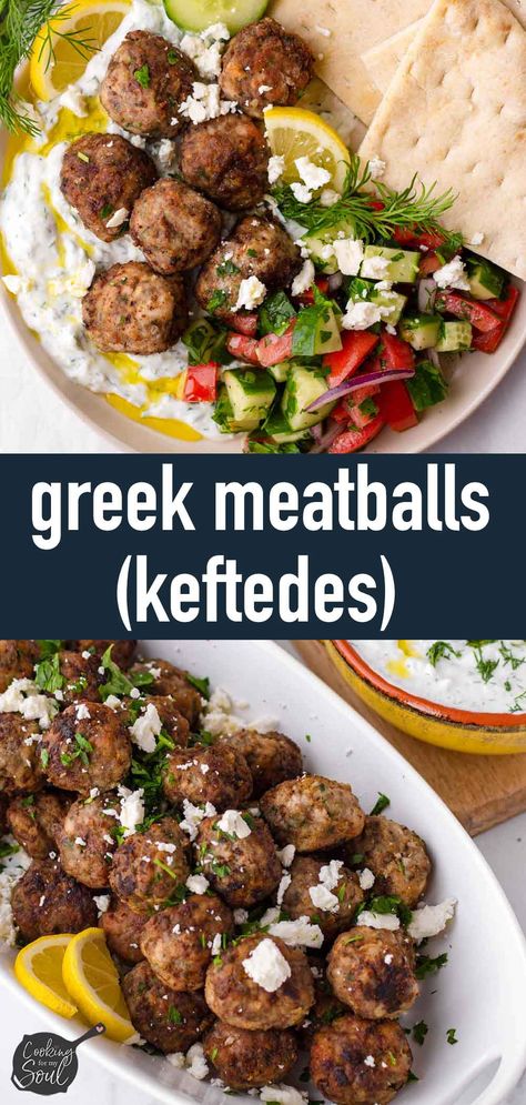 Greek meatballs, also known as keftedes! These meatballs are packed with incredible flavor, and always turn out so tender, juicy, and moist. Greek meatballs are great as appetizers or a main dish. Ground Beef Greek Meatballs, Greek Meatballs Recipe Beef, Greek Meatball Recipes, Greek Pork Meatballs, Keftedes Recipe Greek Meatballs, Greek Appetizer Recipes, Greek Meatball Bowl, Greek Beef Meatballs, Keftedes Recipe