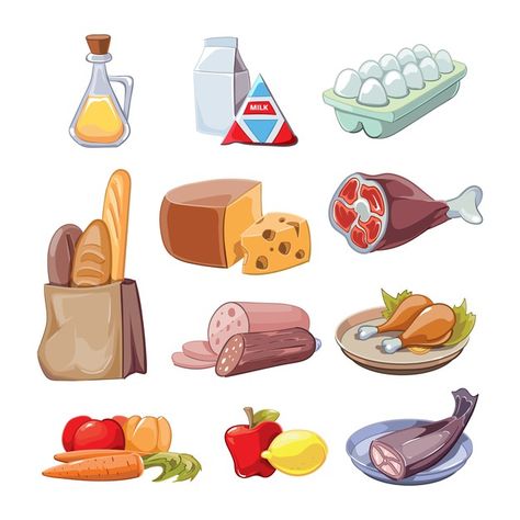 Common everyday food products. cartoon c... | Free Vector #Freepik #freevector #food #cartoon #fish #shopping Healthy Food Cartoon, Ejen Zass, Healthy Eating Pyramid, Graduation Drawing, Food Tracking, Chicken Illustration, Salmon And Shrimp, Cartoon Food, Food Cartoon