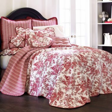 jcp home™ Toile Garden Bedspread found at @JCPenney Plum Bedding, Waverly Bedding, Toile Bedding, Red Toile, Amity Home, Queen Bedspread, Floral Toile, French Country Bedrooms, Cotton Bedspread