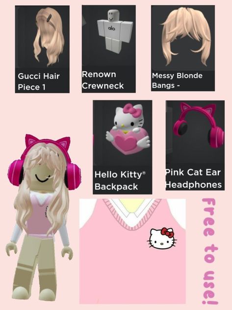 0 Roblox Outfit Ideas Free, Free Outfit Roblox Girl, Cute Free Roblox Outfits, No Robux Outfits, Roblox Free Avatar, Hello Kitty Roblox Avatars, Free Roblox Outfits, 0 Robux Outfit Idea, Roblox Pink