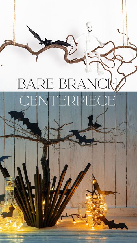 Collect bare branches and place them in a simple vase. Hang a few small, lightweight ornaments like miniature pumpkins or bats for a subtle Halloween feel. Branch Centerpieces, Monochrome Color Palette, Modern Halloween, Dipped Cookies, Candle Glow, Green Fruit, Halloween Night, Halloween Wallpaper, Window Sill