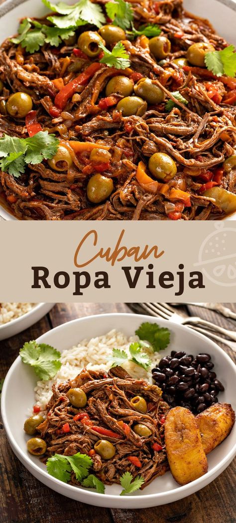 Cuban Ropa Vieja, the popular national dish of Cuba, is made with beef flank steak or skirt steak braised in the most flavorful sauce made with red bell peppers, onions, tomato paste and pimento stuffed green olives. Cooked until fall-apart tender and then shredded into long strands, this Ropa Vieja recipe can be made on the stove top, oven, the slow cooker/crock pot or Instant Pot. #crockpot #beef #instantpot #Cuban #recipe #beef #lemonblossoms Cuban Ropa Vieja Recipe, Cuban Ropa Vieja, Ropa Vieja Recipe, Skirt Steak Recipes, Cuban Dishes, Flank Steak Recipes, Cuban Cuisine, Lemon Blossoms, Cuban Recipes