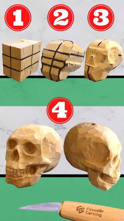 Carving Skulls In Wood, How To Carve A Skull Out Of Wood, Skull Wood Carving, Dremel Wood Carving Pattern, Easy Carving Ideas Wood, Easy Wood Sculpture, Wooden Skull Carving, Dremel Carving Patterns, Widdle Wood Ideas Easy