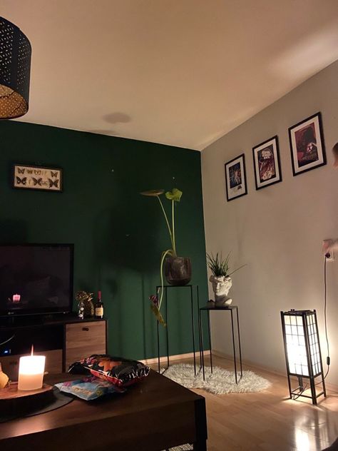 Green Wall With Black Furniture, Pine Green Wall, Living Room Dark Green Accent Wall, Emerald Green Wall Paint Bedroom, Dark Green Painted Room, Dark Green Tv Wall, Emerald Green Kitchen Walls, Two Colored Walls, Green And Grey Walls