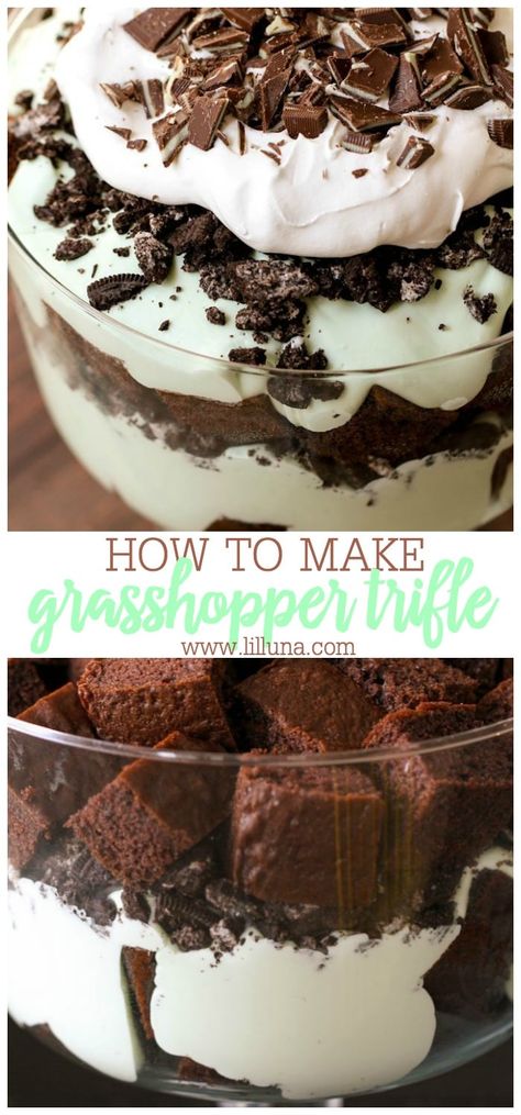 Grasshopper Trifle, Mint Trifle, Angel Food Cake Trifle, Brownie Trifle Recipe, Banana Pudding Trifle, Trifle Bowl Recipes, Trifle Dessert Recipes, Dessert Truffles, Layered Dessert