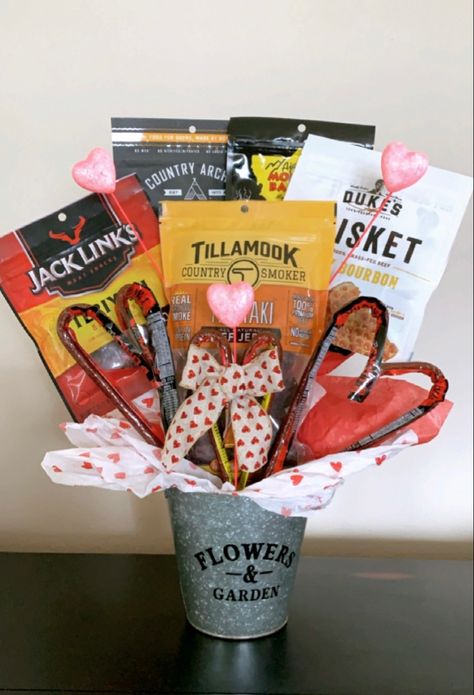 Beef Jerky Bouquet For Him, Beef Stick Bouquet, Jerky Bouquet Diy Gifts, Diy Beef Jerky Bouquet, Diy Bouquet For Men, Women Red Outfit, Jerky Bouquet, Valentine Dress Ideas, Beef Jerky Bouquet