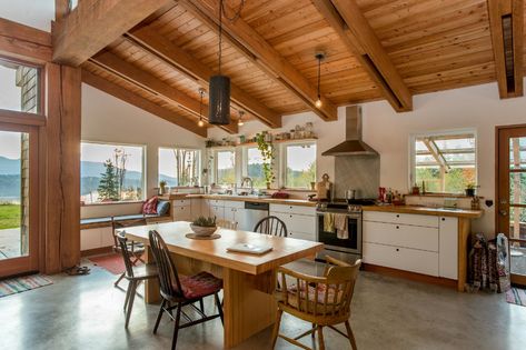 Polished Concrete Floor Kitchen, Kitchen Concrete Floor, Timber Beams, Wood Cladding, Concrete Floor, Wood Counter, Wood Ceilings, Polished Concrete, Ceiling Beams