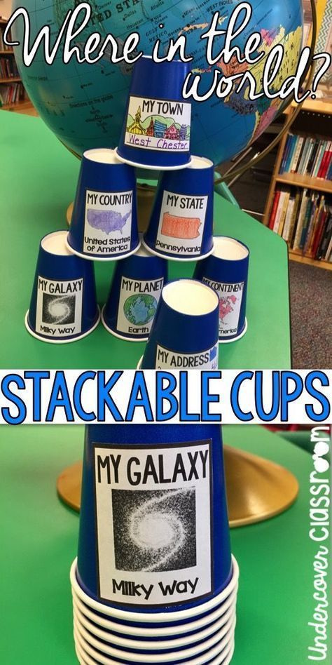 This blog post has some FREE editable cup labels for teaching about geography. Students unstack the cups to reveal their planet, continent, country, state, town, and address. Just edit to suit your needs. Then print, cut, and paste to some cups. Geography Games, Geography Activities, Geography For Kids, Kindergarten Social Studies, Teaching Geography, Homeschool Geography, Homeschool Social Studies, Map Skills, Social Studies Elementary