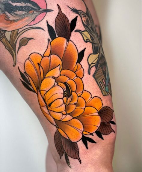 Yellow peony tattoo on a leg Yellow Peony Tattoo, Convention Tattoo, Peony Flower Tattoos, Yellow Peony, Traditional Tattoo Flowers, Neotraditional Tattoo, Peony Tattoo, Rose Tattoos For Men, Poppies Tattoo