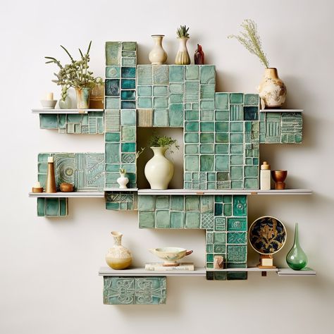 Ceramic Wall Shelf, Tile Display Ideas, Modern Decor Living Room, Modern Decor Ideas, Wall Paneling Diy, Baby Blanket Knitting, Living Room Living Room, Modern Deco, Shell Crafts Diy