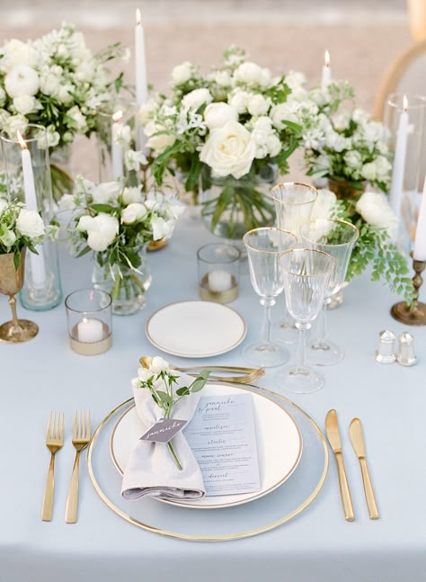 Love this beautiful light blue and ivory tablescape with French decor touches! Sharing all of our wedding inspiration over on the blog. [Photo: Greg Finck] Victory Photography, Circular Ceremony, Wedding Reception Table Decorations, Reception Table Decorations, Wedding Place Settings, Deer Valley, Wedding Reception Tables, France Wedding, Ceremony Arch