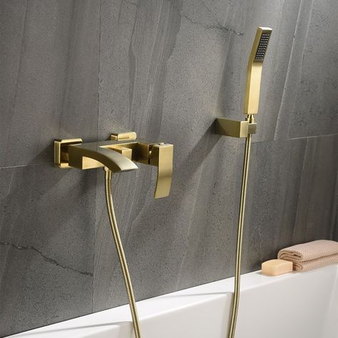 Waterfall Bathtub, Wall Mounted Bath Taps, Bathtub Filler, Wall Mount Tub Faucet, Waterfall Wall, Roman Tub Faucets, Waterfall Design, Gold Bathroom, Tub Spout