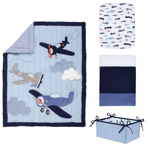 Let your style soar sky high with this adorable set from Carters! Includes a double-sided comforter with three prop-planes flying through a sky of puffy white clouds on one side and a coordinating striped pattern on the other, a color-blocked dust ruffle in dark and sky blue and a crib sheet featuring planes in navy, sky blue, pops of orange and gray on a crisp, white background, and a coordinating reversible nursery organizer that ties in each corner. Coordinates with a full line of Carter&#... Mini Crib Bedding, Clouds And Stars, Blue Bedding Sets, Best Crib, Mini Crib Sheets, Bedding Blankets, Allover Pattern, Nursery Crib, Mini Crib