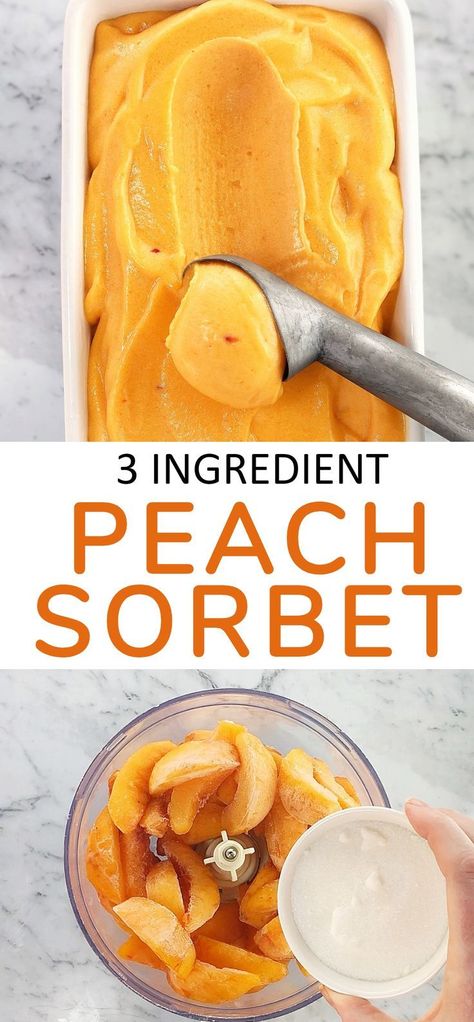 This easy peach sorbet recipe is a simple 3 ingredient peach sorbet that tastes like summer in a bowl, with no need for an ice cream maker or to make a sugar syrup! It's also dairy free! #chefnotrequired #peaches #icecream #sorbet #easyrecipes Peach Sorbet Recipe, Best Frozen Meals, Sorbet Recipe, Peach Sorbet, Peach Desserts, Sorbet Recipes, Peach Cream, Sugar Syrup, Recipe Simple