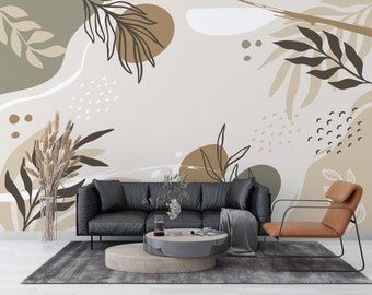 Bedroom Murals Painted, Boho Wall Murals Painted, Mural Wallpaper Bedroom, Boho Wall Mural, Boho Mural, Stick Flowers, Abstract Boho Art, Wallpaper Leaves, Mural Bedroom