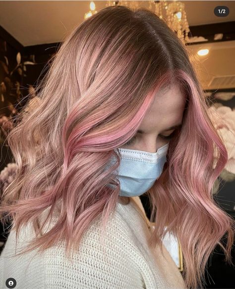 Shades Of Pink For Hair, Blonde Hair Pink Peekaboo, Strawberry Blonde Pink Highlights, Dirty Blonde Pink Highlights, Dirty Blonde Hair With Pink Highlights, Light Rose Gold Hair, Pink Highlights In Dirty Blonde Hair, Light Pink Hair Pastel, Pink Highlight Hair