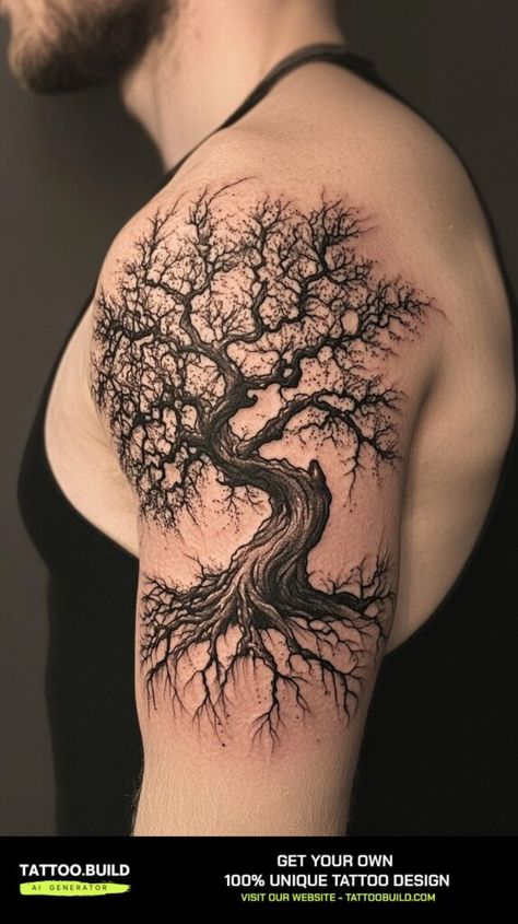 Unique Back Tattoo Designs for Men to Amp Up Your Style Inspiring Ideas Only on Tattoo Build Shoulder Upper Arm Tattoo Men, Tattoo Ideas For Men Shoulder Sleeve, Tree Arm Tattoo Men, Bicep Shoulder Tattoo, Shoulder Cap Tattoo For Men, Best Shoulder Tattoos Men, Mens Shoulder Tattoo Ideas, Black Men Shoulder Tattoo, Shoulder Tattoo For Men