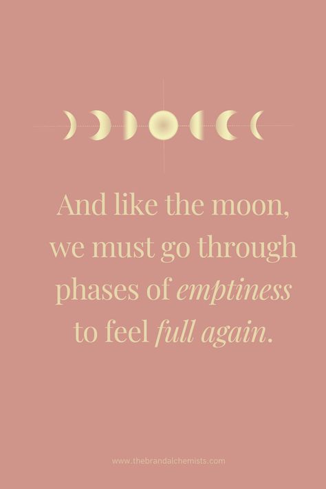 Quote "And like the moon we must go through phases of emptiness to feel full again" metallic gold moon phases graphic, rose pink background. Mystic Quotes Spirituality, Mystical Quotes, Quote Moon, Creating Aesthetic, Mystical Design, Weekly Quotes, Moon Sweater, 2024 Manifestation, Aesthetic Social Media