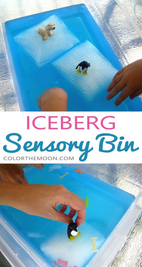 This iceberg sensory bin makes a GREAT summertime activity for kids! And it’s so easy to make too! What an awesome idea for sensory play! Preschool Sensory Play, Winter Sensory Bin, Play Preschool, Winter Sensory, Preschool Sensory, Sensory Bin Ideas, Baby Animal Art, Penguins And Polar Bears, Preschool Winter