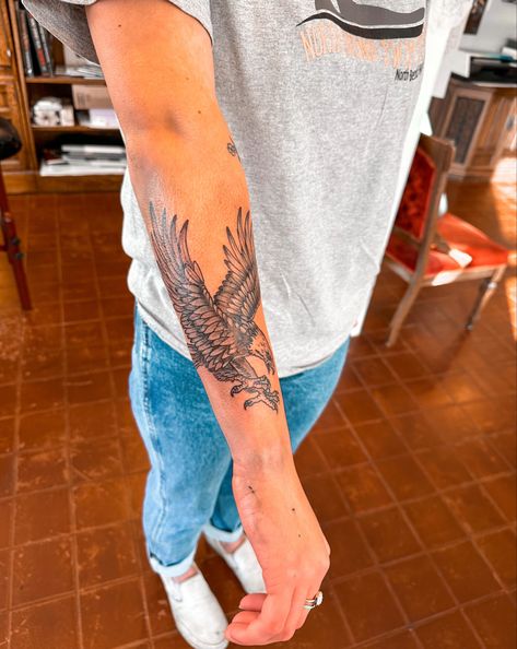 Eagle Tattoo On Forearm, Eagle Tattoo For Women On Arm, Bald Eagle Forearm Tattoo, Christian Eagle Tattoo, Women’s Sleeve Tattoo Ideas Western, Eagle Arm Tattoo For Women, Western Eagle Tattoo, Clean Line Tattoo, Eagle Sleeve Tattoos For Women