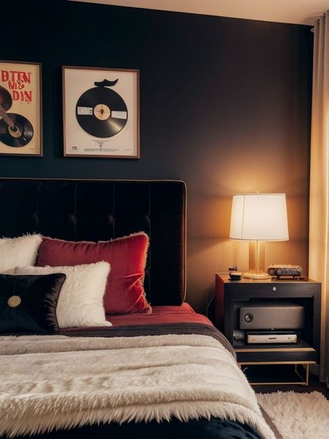 Rockstar Girlfriend Aesthetic, Velvet Tufted Headboard, Girlfriend Aesthetic, Rockstar Girlfriend, Rockstar Aesthetic, Aesthetic Apartment, Vintage Record Player, Faux Fur Rug, Fur Rug