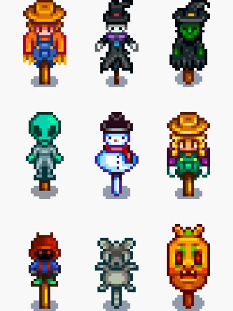 "Stardew Valley Scarecrow and Rarecrows" Sticker for Sale by simstock | Redbubble Stardew Valley Birthdays, Stardew Valley Scarecrow, Stardew Valley Halloween, Stardew Valley Birthday Party, Stardew Valley Pixel Art Grid, Stardew Valley Items, Stardew Valley Wedding, Stardew Perler, Stardew Valley Party