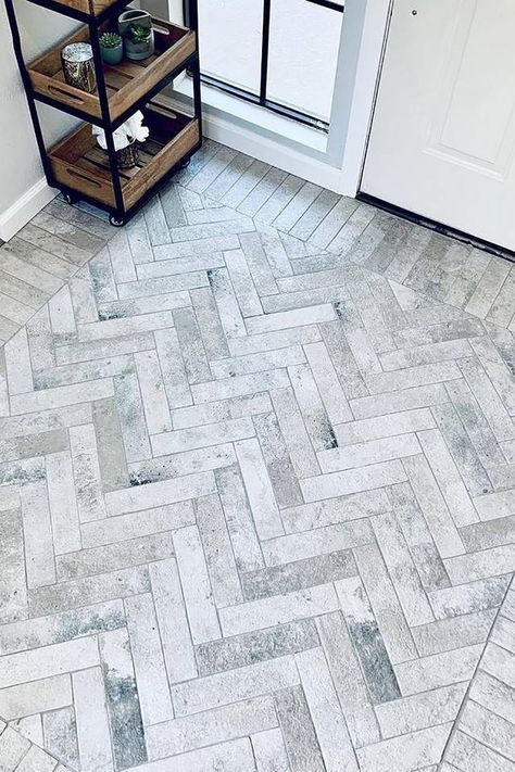 Herringbone Pattern can be used on your floor or walls! Herringbone Tile Floors, Entryway Tile, Entry Tile, Brick Floor, Foyer Flooring, Entryway Flooring, Foyer Design, Flooring Trends, Herringbone Tile