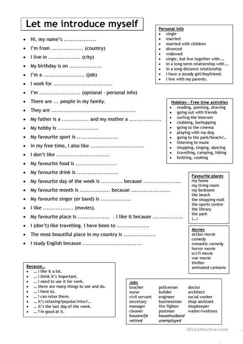 Let me introduce myself (for Adults) - English ESL Worksheets Get To Know You For Adults, Fun Worksheets For High School, About Me Worksheet High School, Fill In The Blanks Worksheets For Adults, Getting To Know Me Template, Getting To Know You Worksheet, High School Get To Know You Worksheet, Getting To Know Coworkers Questions, Get To Know You Questionnaire