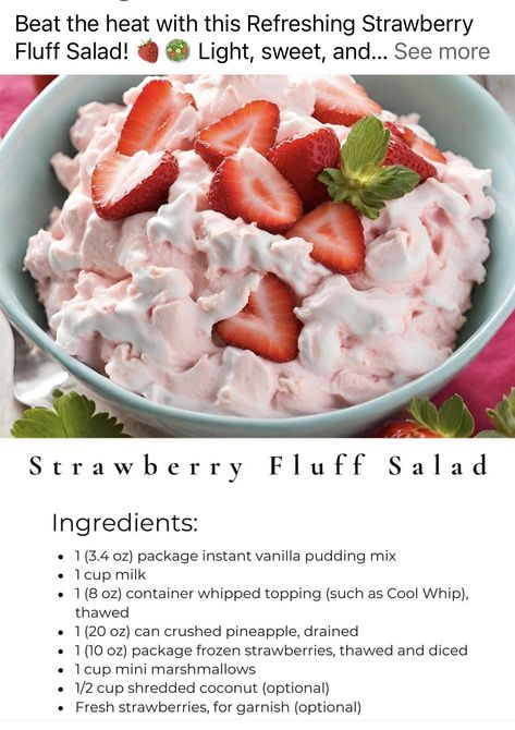 Pink Fruit Salad Cool Whip, Strawberry Pretzel Fluff Salad, Strawberry Congealed Salad, Fruit Salad Fluff, Jello Fluff Recipes, Frogeye Salad, Pink Fluff Salad, Strawberry Shortcake Fluff, Strawberry Marshmallow Fluff