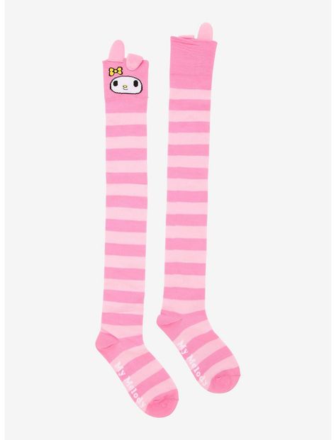 Sanrio My Melody pink striped knee-high socks My Melody Socks, Cutecore Items, Sanrio Besties, Sanrio Socks, Pastel Clothes, Striped Knee High Socks, Pink Socks, Thigh High Socks, Black Socks