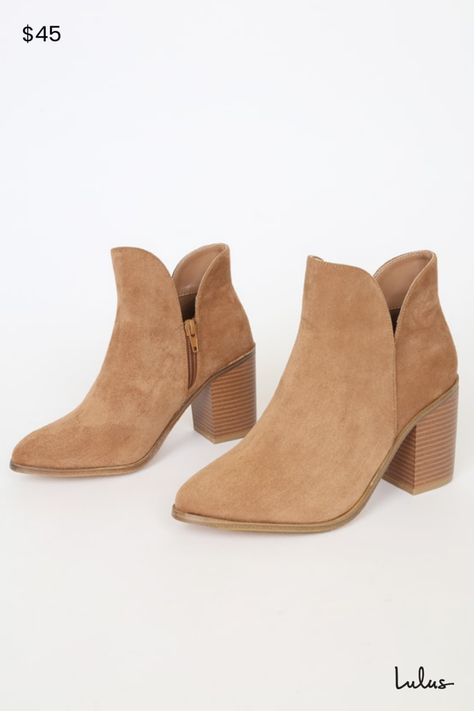 You'll be raking in some major style points with the Lulus Martella Tan Suede Ankle Booties! Super soft faux suede shapes these cute boots that have an almond toe and ankle-high shaft with a notched collar, all atop a chunky block heel. 2.5"" zipper at the instep. 4" stacked block heel. Cushioned insole. Felted rubber sole has nonskid markings. Man made materials. Imported. Lulus | Martella Tan Suede Ankle Booties. Ankle Boots Outfit Fall, Tan Suede Boots, Ankle Boots Dress, Tan Ankle Boots, Fall Booties, Tan Booties, Tan Boots, Tan Heels, Cute Boots