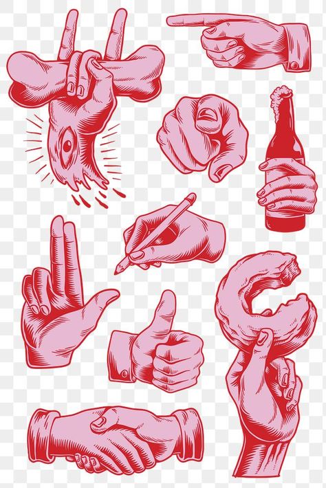 Cool hand gesture  design element set | free image by rawpixel.com / Tvzsu Writer Illustration, Punk Illustration, Punk Logo, Armband Tattoos For Men, Facial Expressions Drawing, Pencil Png, Pomegranate Art, Pink Png, Hand Gestures