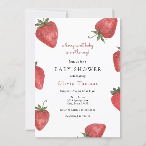 https://www.zazzle.com/summer_fun_celebration_party_invitations-161881879946886185?rf=238152207900855143 Strawberry Love, Wedding Strawberries, Baby Shower Theme Decorations, Summer Bridal Showers, Strawberry Baby, Bridal Shower Inspiration, Summer Baby Shower, Unique Bridal Shower