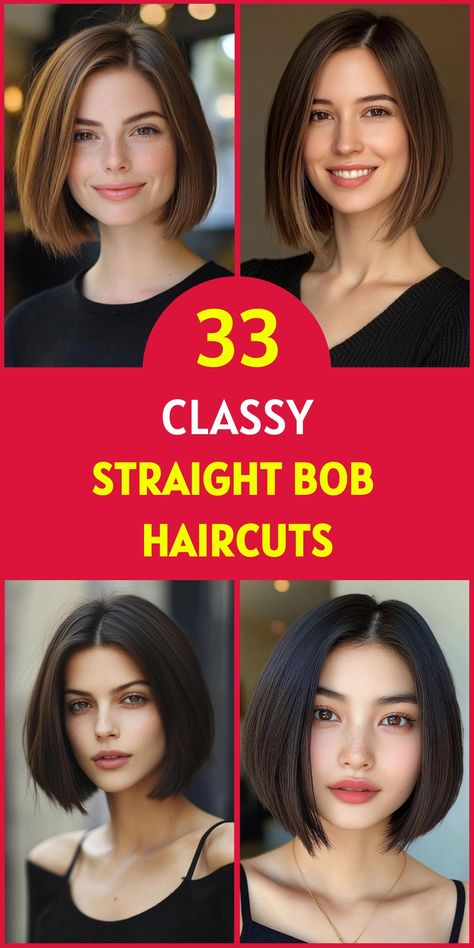 Revitalize your look with a chic straight bob haircut. Our gallery showcases 33 fabulous variations that cater to every taste and hair type. From short and sassy to long and luxurious, these bobs offer endless styling possibilities. Discover expert techniques for maintaining your straight bob and achieving both polished and effortlessly tousled finishes. Short Bob Haircut Straight Hair, Mid Length Bob Straight Hair, Straight Bobs For Thick Hair, Straight A Line Bob, Sleek Straight Bob, Chin Length Bob Straight Hair, Chin Length Bob Side Part, Straight Long Bob Haircut, Short Bob Hairstyles Asian