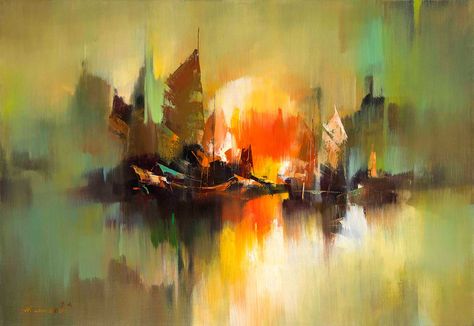 Harbour Sunset | Soyut Sanat Tabloları, Boat Painting, Abstract Nature, Art Center, Arabesque, Art Drawings Sketches, Abstract Art Painting, Painting Inspiration, Art Pictures