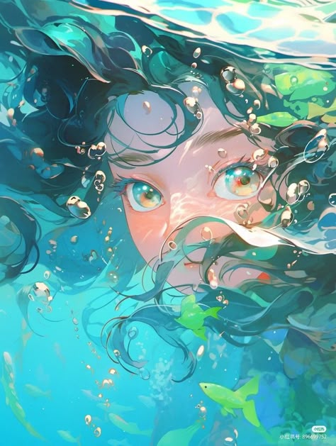 Ocean Anime Aesthetic, Cartoon Swimming, Anime Computer Wallpaper, Underwater Painting, African Art Paintings, Female Art Painting, Wallpaper Animes, Concept Art Drawing, Cyberpunk Art