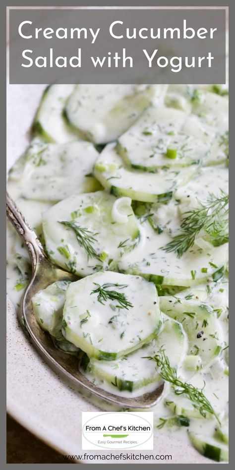 Creamy Cucumber Salad with Yogurt garnished with fresh dill. Greek Yogurt Cucumber Salad, Cucumber Salad With Yogurt, Cucumber Yogurt Salad, Greek Yogurt Ranch Dressing, Greek Vegetables, Cucumber Pasta Salad, Yogurt Ranch Dressing, Yogurt Ranch, Greek Yogurt Ranch