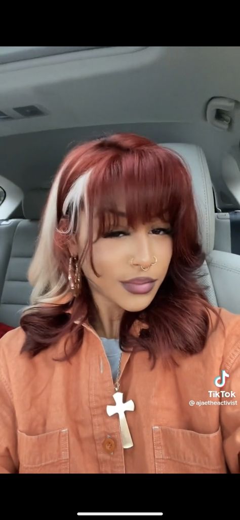 Red And White Hair Black Women, Split Dyed Hair Light Brown And Blonde, Color Highlights Black Women, Red N Blonde Hair, 3 Tone Hair Color Highlights, Hair Peak A Boo, Dyed Hair Inspiration Light Skin, Two Strands Of Hair Dyed, 3 Tone Hair Color