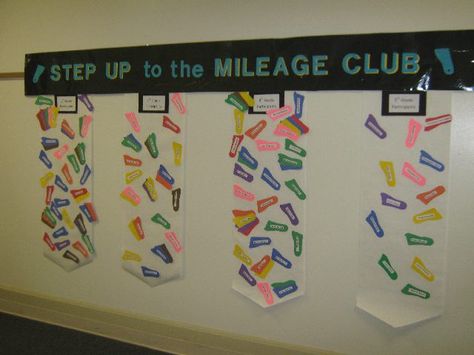 Step Up to the Mileage Club Image Elementary Walking Club, Elementary Run Club, Elementary Pe Gym Decorations, Elementary Gym Decorations, Book Genre Labels, Pe Classroom, Physical Education Bulletin Boards, Pe Bulletin Boards, Genre Activities