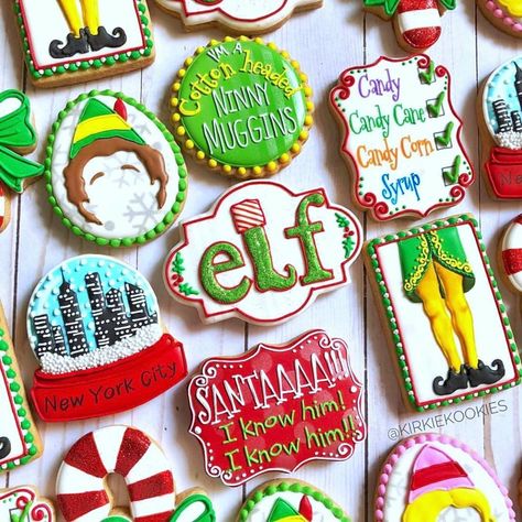 Andi K. | Sugar Cookie Artist on Instagram: “Shhhh...Christmas movies MAY already be on in the Kirkegaard house!🤫🎄🎅🏻 . . . #kirkiekookies #ELF #elfcookies #santa…” Round Christmas Cookies Decorated, Round Christmas Cookies, Movie Cookies, Christmas Sugar Cookies Decorated, Grinch Cookies, Christmas Party Planning, Elf Cookies, Candy Cane Cookies, Themed Cookies