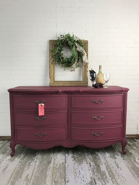 Restored French Provincial Dresser, Burgundy Dresser, Moody French Provincial, French Provincial Furniture Makeover, Dresser Colors, Painted French Provincial Dresser, Upcycled Drawers, Vintage French Provincial Dresser, French Provincial Dresser Makeover