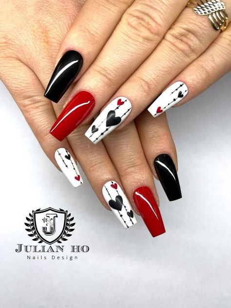 Anniversary Nail Designs Love, Red Vegas Nails, Vegas Nails Design, Red Nails With Black Design, Valentines Nails Acrylic Coffin, Casino Nails Designs, Vegas Inspired Nails, Edgy Valentines Nails, Vegas Nails Ideas