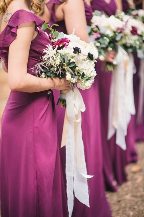 A truly enchanted forest wedding in Virginia with a romantic palette of mulberry and gold by Stephanie Messick Navy Wedding Color Schemes, Romantic Palette, Mulberry Bridesmaid Dresses, Navy Wedding Colors, Pagan Wedding, Middle Sister, Purple Bridesmaid, Wedding Colors Purple, Rustic Modern Wedding