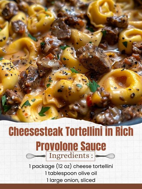 Steak Tortellini, Salty Recipes, Cheese Steak, Sliced Steak, Pizza Recipes Homemade, Cheese Tortellini, Juicy Steak, Hearty Dinner, Sauteed Veggies