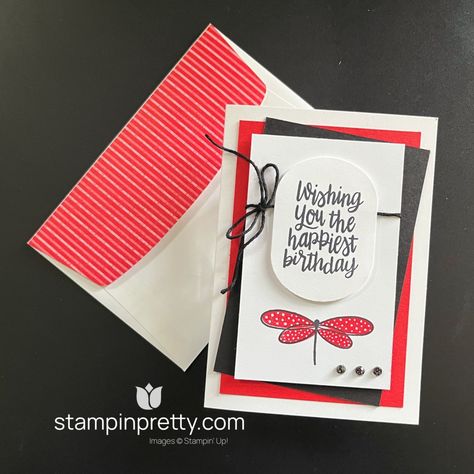 Oh how I love this modern dragonfly birthday card using the Stampin’ Up! Happiest Day stamp set (one of My Favorite Things). Think of all the color possibilities with the simple 2-step layering of t Dragonfly Stamp, Dragonfly Birthday, Dragonfly Cards, Mary Fish, Birthday Card Sayings, Stampin Pretty, Card Sayings, Wow Video, 2 Step