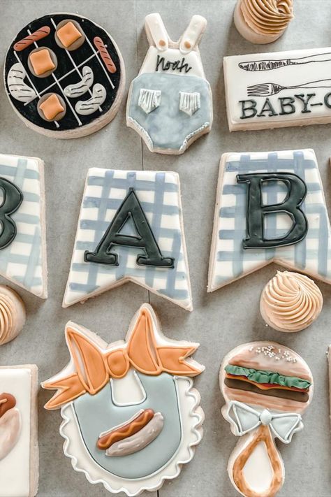 Baby BBQ Baby Shower custom decorated Cookies.  Cookies decorated in a BBQ theme with burger cookies, hotdog cookies bbq grill cookies etc. Babyque Cookies, Bun In The Oven Burgers On The Grill, Ribs And Bibs Baby Shower Ideas, Summer Baby Shower Cookies, Bbq Cookies Decorated, Bib Cookies Decorated, Baby Q Cookies, Kentucky Cookies, Kentucky Butter Cookies