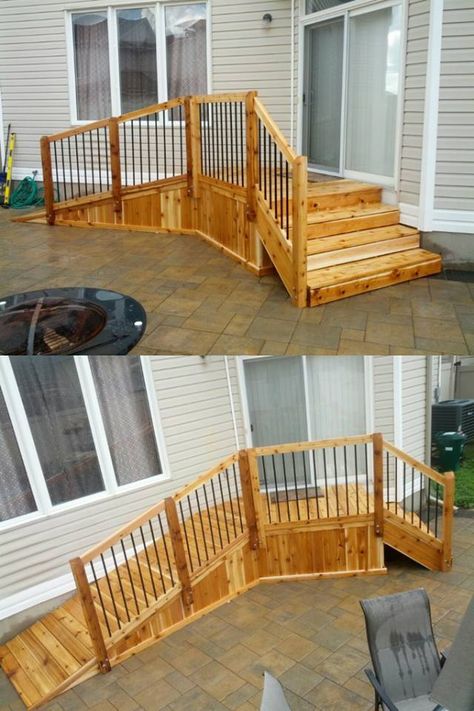 new stairs for wheelchair accesibiltiy>>> See it. Believe it. Do it. Watch thousands of spinal cord injury videos at SPINALpedia.com Wheel Chair Ramps Ideas Front Porches, Handicapped Deck Ideas, Porch Ramp Ideas, Wheel Chair Ramps Ideas, Deck Ramp Ideas, Wheelchair Stairs, Wheelchair Decorations Ideas, Mobile Home Stairs, Wheelchair Ramp Diy