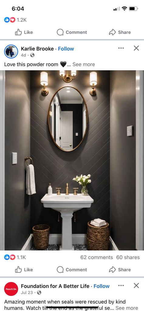 Small Powder Room Accent Wall, Navy Blue And Grey Bathroom Ideas, Wallpaper Powder Room Small Modern Elegant, Monochrome Powder Room, Dark Guest Bathroom Ideas, Black Wallpaper Powder Room, Dark Grey Powder Room Ideas, Powder Room Ideas White Vanity, Charcoal Half Bath