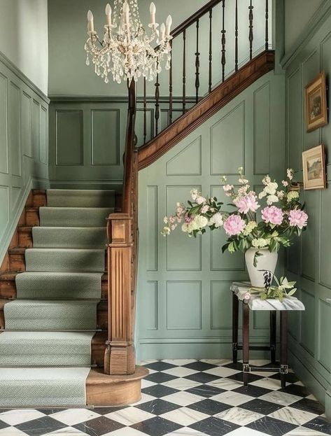 Checkered floor for the win! 😍😍 - love a great checkered floor - swipe through.  @melaniejadedesign (AI) Green Stair Risers, Entrance Hall With Stairs, Creative Hallway Ideas, Hallway Renovation Ideas, Art Deco Hallway Ideas, Painted Hallway Ideas, Entryway Ideas With Stairs Entry Foyer, Cute Staircase, Staircase Entryway Ideas