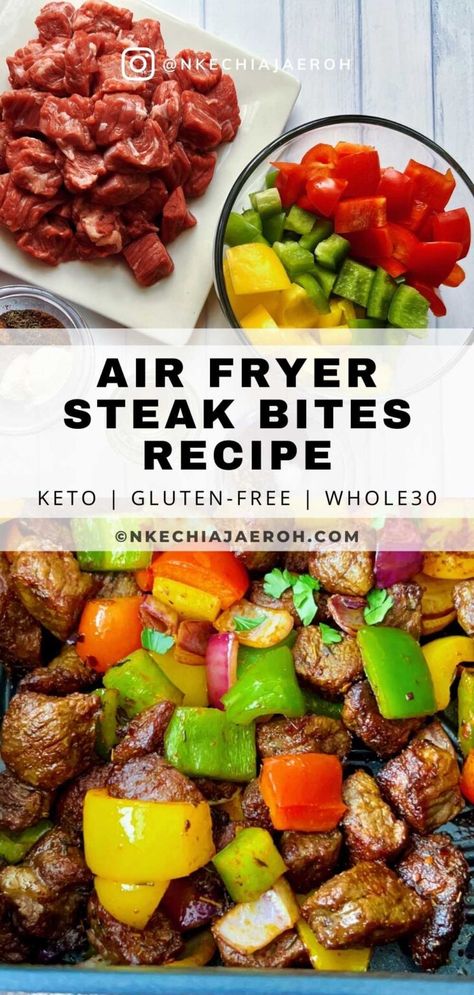 Air Fryer Steak Bites and Peppers (Pepper Steak ) - Nkechi Ajaeroh Air Fryer Steak Meal Prep, Steak Bites And Peppers, Air Fryer Steak And Peppers, Pepper Steak Meal Prep, Keto Steak Bites Air Fryer, Air Fryer Meat And Vegetables, Air Fryer Steak Bites And Peppers, Keto Dinner Recipes Easy Air Fryer, Air Fried Meal Prep